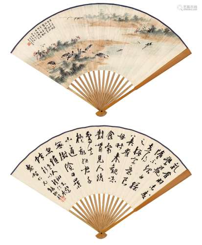 吴青霞(1910-2008)  秋塘芦雁                                                                                        钱振锽(1875-1944)    节录自作诗《乳雀》                                                                                                                    成扇 设色纸本