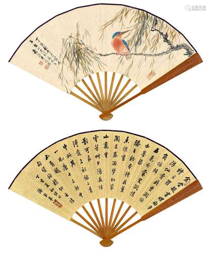 李瑞龄(1894-1974)  柳阴翠鸟                                                                                        潘龄皋(1867-1954)    自作题画诗                                                                                                                    成扇 设色发笺、水墨洒金笺                        丁亥（1947年）作