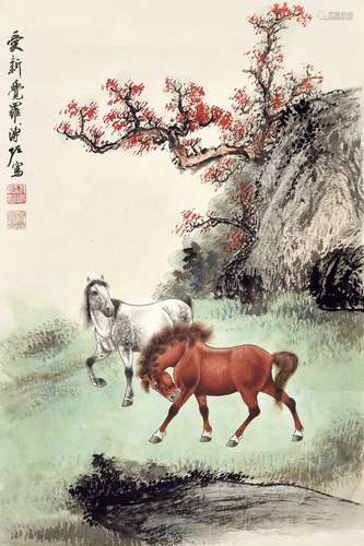 溥佐(1918-2001)  红枫双骏                                                                                                                                                                                                                镜心 设色纸本