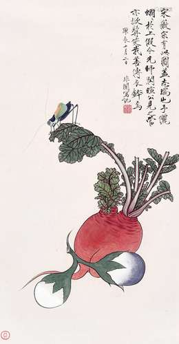 于非闇(1889-1959)  清蔬蝈蝈                                                                                                                                                                                                                立轴 设色纸本                        庚辰（1940年）作