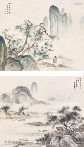 王心竟(1909-1954)  访梅·渔归                                                                                                                                                                                                                镜心（二帧） 设色纸本                        癸未（1943年）作