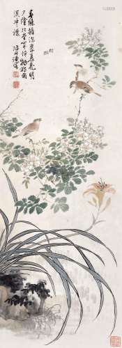 汪慎生(1896-1972)  蔷薇鸣禽                                                                                                                                                                                                                立轴 设色纸本