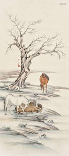 载瀛(1859-1930)  溪畔三骏                                                                                                                                                                                                                立轴 设色纸本                        庚午（1930年）作