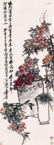 吴昌硕(1844-1927)  富贵寿考                                                                                                                                                                                                                立轴 设色纸本                        癸亥（1923年）作