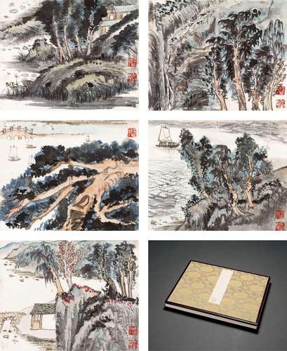 陆俨少(1909-1993)  书画合璧册                                                                                                                                                                                                                册页（九开） 设色纸本、水墨洒金笺