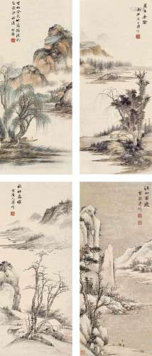 溥伒(1893-1966)  四时佳景四屏                                                                                                                                                                                                                立轴（四帧） 设色纸本、水墨纸本