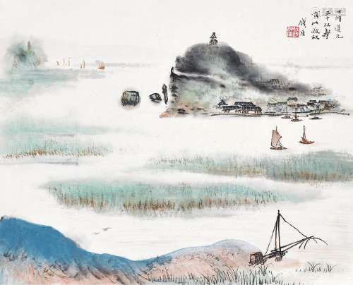 钱瘦铁(1897-1967)  清江帆影                                                                                                                                                                                                                镜心 设色纸本                        1953年作