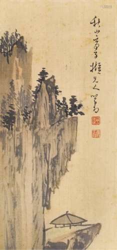 溥心畬(1896-1963)  秋山亭子                                                                                                                                                                                                                镜心 设色绢本