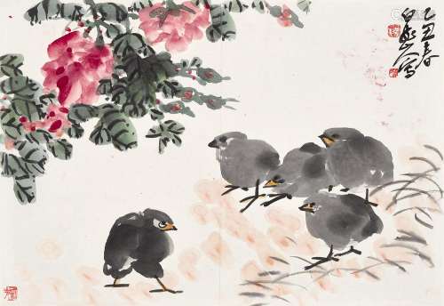 王震(1867-1938)  月季雏鸡                                                                                                                                                                                                                镜心 设色纸本                        乙丑（1925年）作
