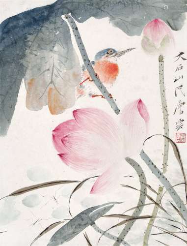 唐云(1910-1993)  荷塘翠鸟                                                                                                                                                                                                                镜心 设色纸本