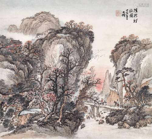 吴石仙(1845-1916)  溪桥行旅                                                                                                                                                                                                                立轴 设色纸本                        甲寅（1914年）作