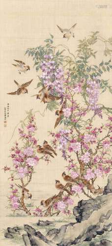 屈兆麟(1866-1937)  群雀喧出好春光                                                                                                                                                                                                                镜心 设色绢本