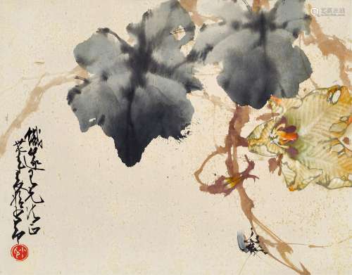 赵少昂(1905-1998)  瓜藤夏虫                                                                                                                                                                                                                立轴 设色纸本                        卅七年（1948）作