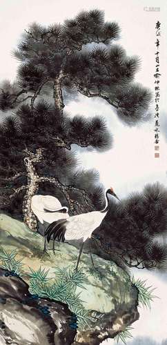 喻仲林(1925-1985)  松鹤延年                                                                                                                                                                                                                立轴 设色纸本                        庚戌（1970年）作