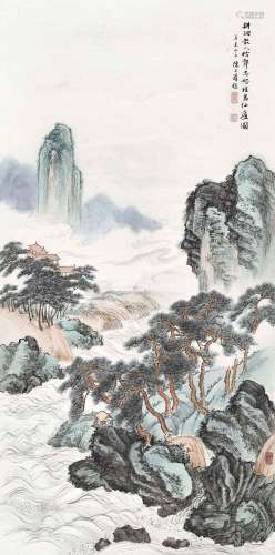 陈子清(1895-1946)  瑶岛仙庐                                                                                                                                                                                                                立轴 设色纸本                         辛未（1931年）作