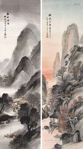 吴石仙(1845-1916)  夏山烟雨·秋林夕照                                                                                                                                                                                                                立轴（二帧） 设色纸本                        己酉嘉平（1910年）作