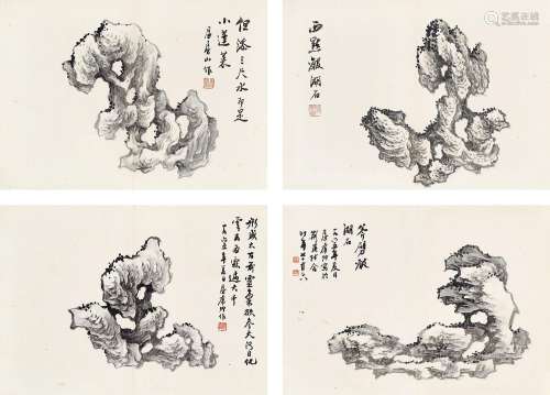 房毅(1889-1979)  湖石四帧                                                                                                                                                                                                                镜心（四帧） 水墨纸本                        1965年作
