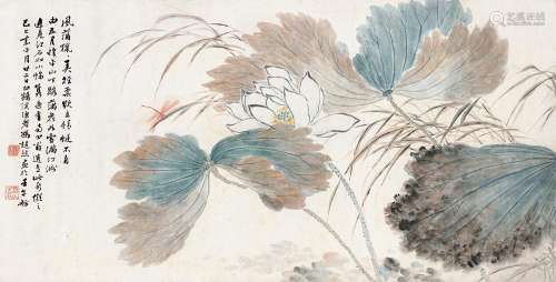 冯超然(1882-1954)  荷花蜻蜓                                                                                                                                                                                                                立轴 设色纸本                        己巳嘉平月廿二日（1930年）作