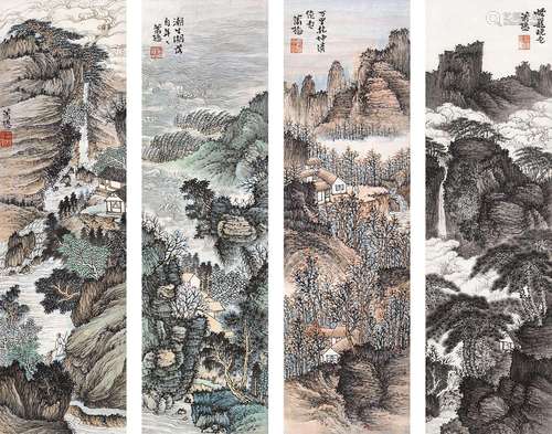 萧愻(1883-1944)  山林隐逸四屏                                                                                                                                                                                                                立轴（四帧） 设色纸本