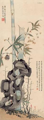 江寒汀(1903-1963)  翠竹蜂戏                                                                                                                                                                                                                立轴 设色纸本                         丙子（1936年）作