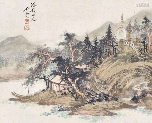 吴琴木(1894-1953)  塔影山光                                                                                                                                                                                                                镜心 设色纸本