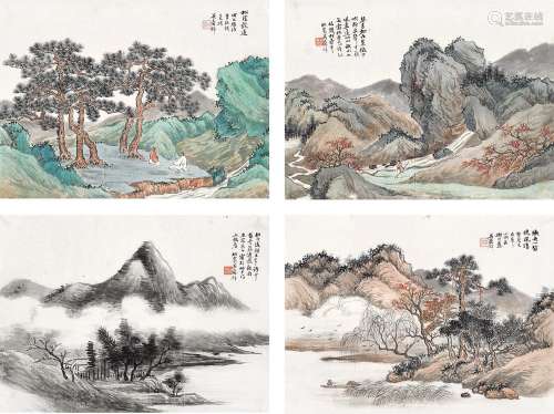 吴穀祥(1848-1903)  仿古山水四帧                                                                                                                                                                                                                立轴（二帧） 设色纸本、水墨纸本