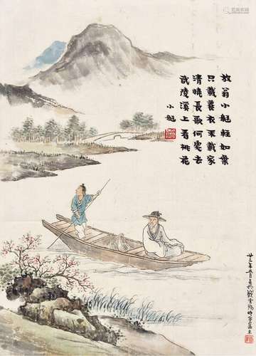 钱云鹤画，刘半农题  武陵溪上看桃花                                                                                                                                                                                                                立轴 设色纸本                        廿三年（1934）作