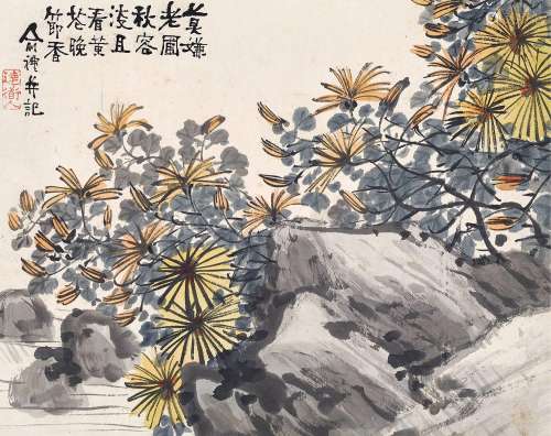 俞礼(1862-1922)  且看黄花晚节香                                                                                                                                                                                                                镜心 设色纸本