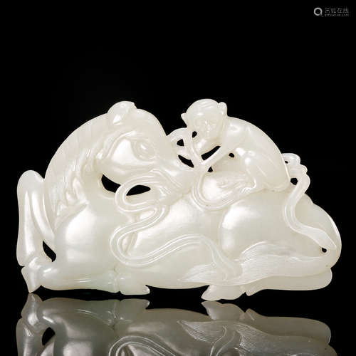 CHINESE WHITE JADE CARVED MONKEY ON HORSE