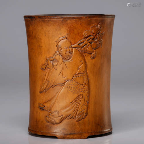 CHINESE BOXWOOD CARVED FIGURINE BRUSH POT