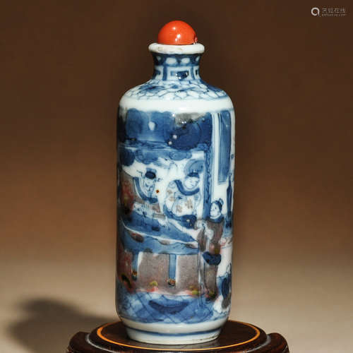 CHINESE BLUE AND WHITE IRON RED SNUFF BOTTLE