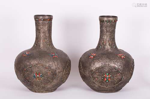 PAIR OF MONGOLIAN SILVER BOTTLE VASES