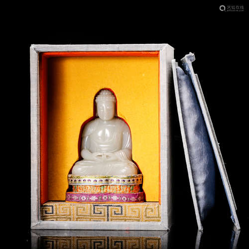 CHINESE WHITE JADE SEATED SHAKYAMUNI