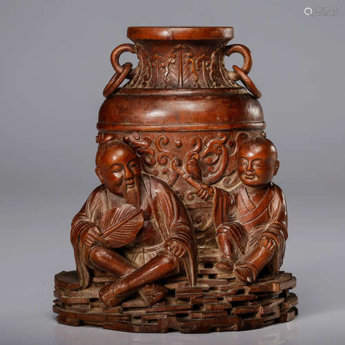 CHINESE HARDWOOD CARVED FIGURES AND VASE