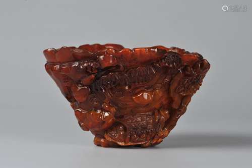 CHINESE OX HORN CARVED LIBATION CUP