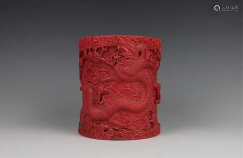 CHINESE CORAL RED GLAZED PORCELAIN BRUSH POT