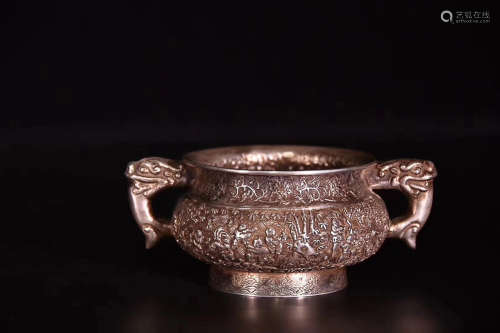 17-19TH CENTURY, A SILVER DOUBLE-EAR CENSER, QING DYNASTY