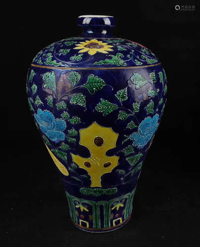 A FA HUA COLOR BLUE GLAZE PHOENIX&PEONY PATTERN MEI VASE