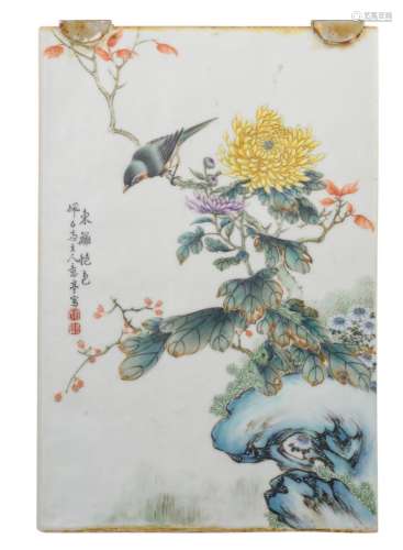 A Chinese polychrome plaque decorated with a rock and a bird on flower branches, signed, 15,5 - 38,5 cm