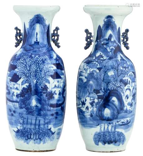 Two Chinese celadon ground blue and white vases, decorated with figures in a mountain village, about 1900, H 57,5 cm