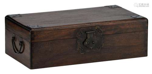 A Chinese 'zitan' wood box with brass mounts, H 11,5 - W 36 - D 20 cm