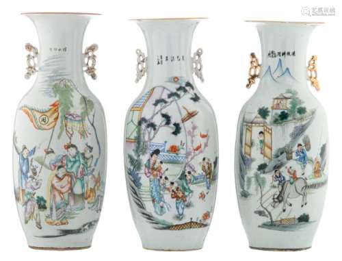 Three Chinese famille rose and polychrome vases, decorated with various animated scenes in a landscape and calligraphic texts, H 58 - 59 cm