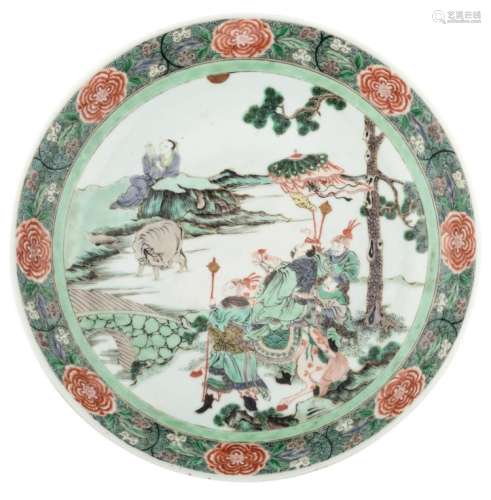 A Chinese famille verte plate, decorated with an animated scene in a landscape, with a Chenghua mark, 18th / 19thC, ø 34,5 cm