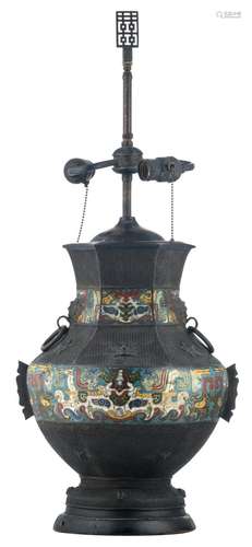 A Chinese archaic cloisonné enamel bronze vase, mounted as a lamp, 19thC, H 76,5 cm