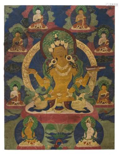 A large Tibetan thangka, depicting Buddhistic deities, gouache, 114 x 152,5 cm