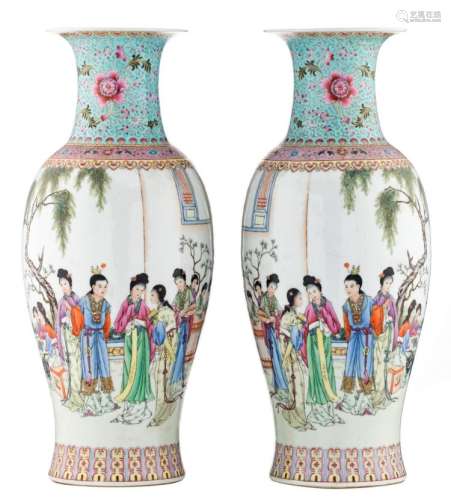 A pair of Chinese famille rose baluster shaped vases, decorated with a gallant garden scene and a calligraphic text, with a four character mark, H 59,5 cm