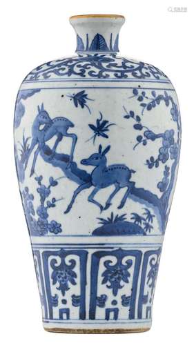 A Chinese blue and white meiping vase, overall decorated with deers, cranes and flower branches, H 26,5 cm