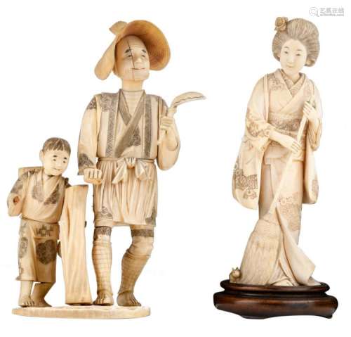 Two Japanese ivory okimono depicting a lady with a broom, accompanied by a rat (with a matching base, H 2 cm); a peasant with his son, late Meiji, both items signed, H 19 - 20 cm