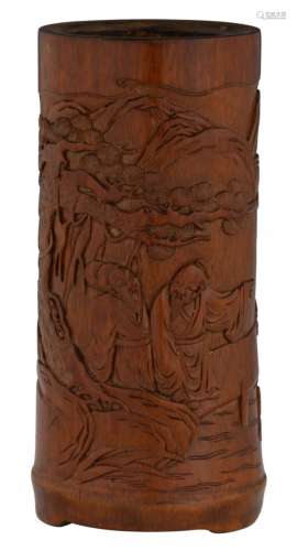 A Chinese finely carved bamboo brushpot, depicting two figures in a river landscape, marked, H 12,5 - ø 5,7 cm