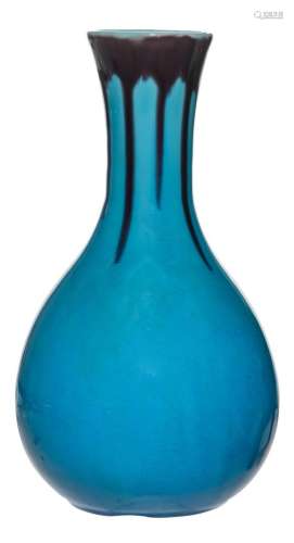 A Chinese turquoise ground bottle vase with brownish purple splashed decoration, H 24,5 cm